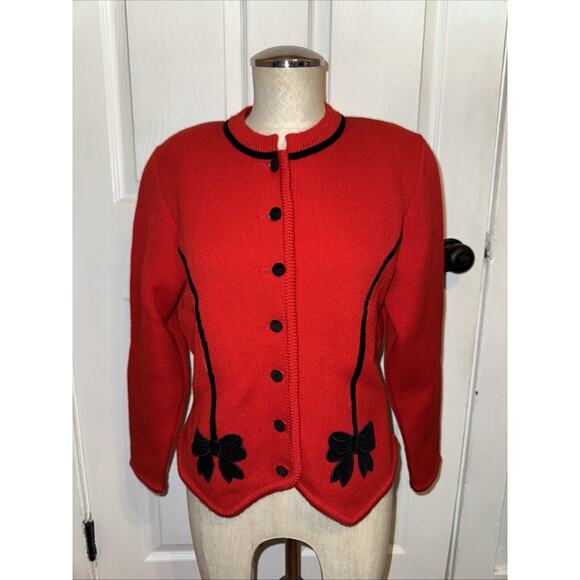 ASTRIFA Vintage Wool Sweater Gestrickte Tracht Germany Bow Red Black Holiday 40 - Picture 1 of 8
